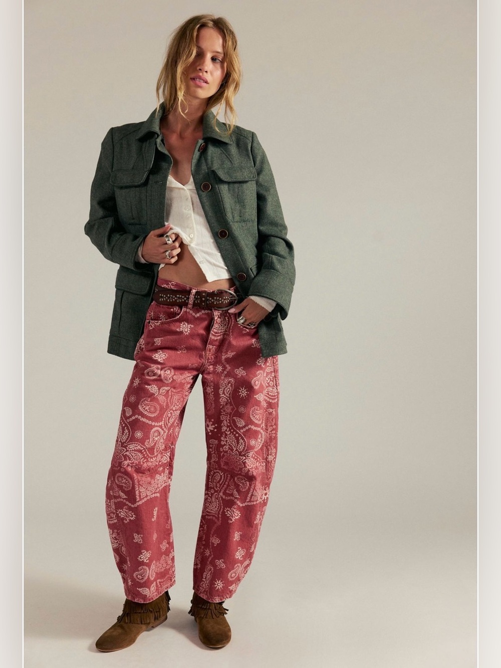 Free People We The Free Good Luck Printed Barrel Jeans Bandana Block - 29 - Picture 9 of 14